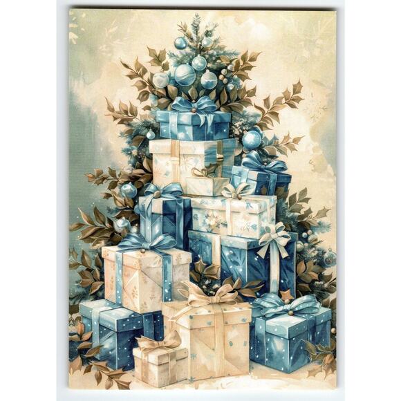 Vintage Christmas Tree Postcard Blue Gift Boxes Lithograph 5.5x4" - Picture 1 of 2